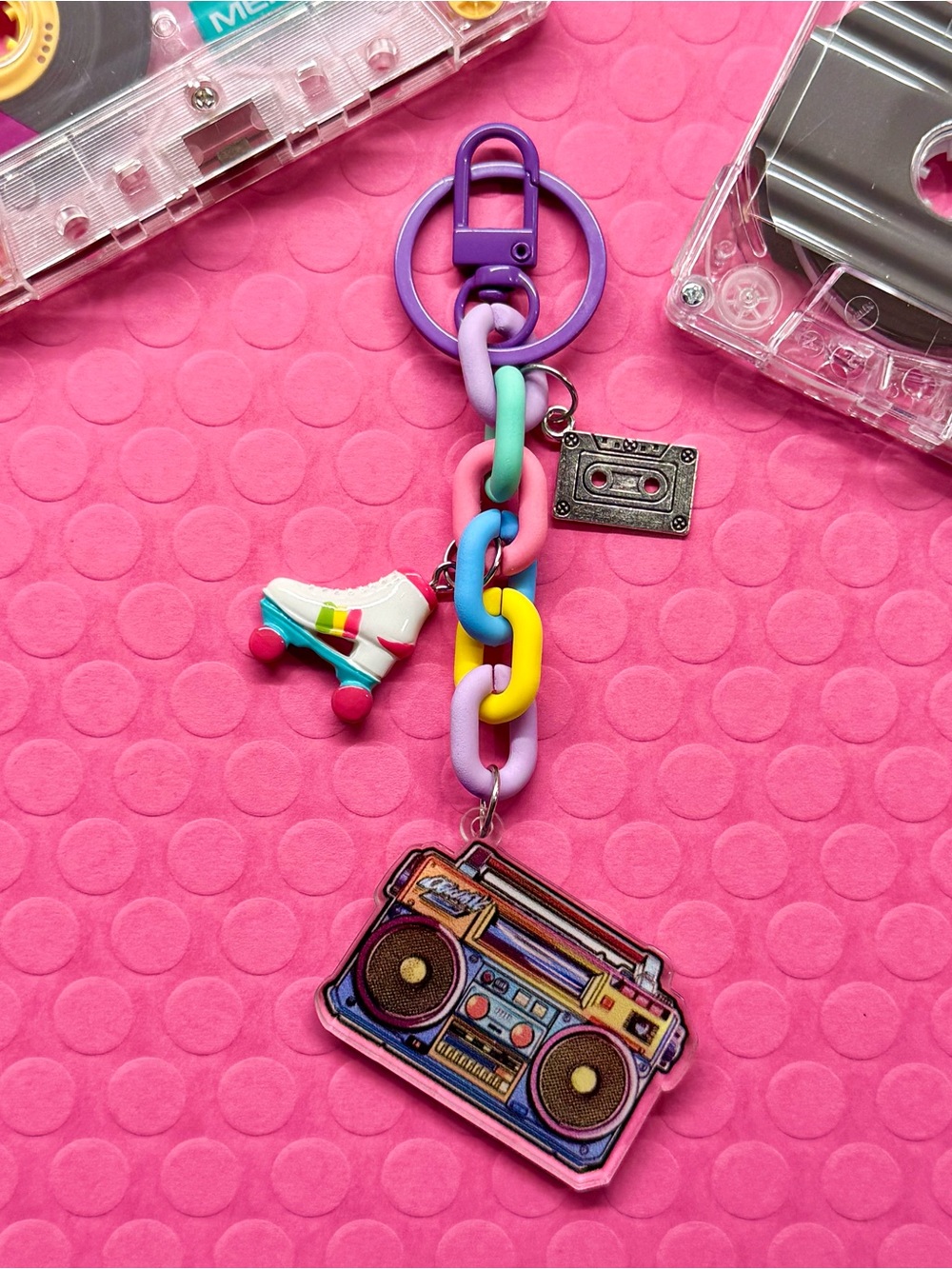 New Roller Skate, Boombox, Cassette Retro 80s 90s Style Bag Charm Keychain - 6”